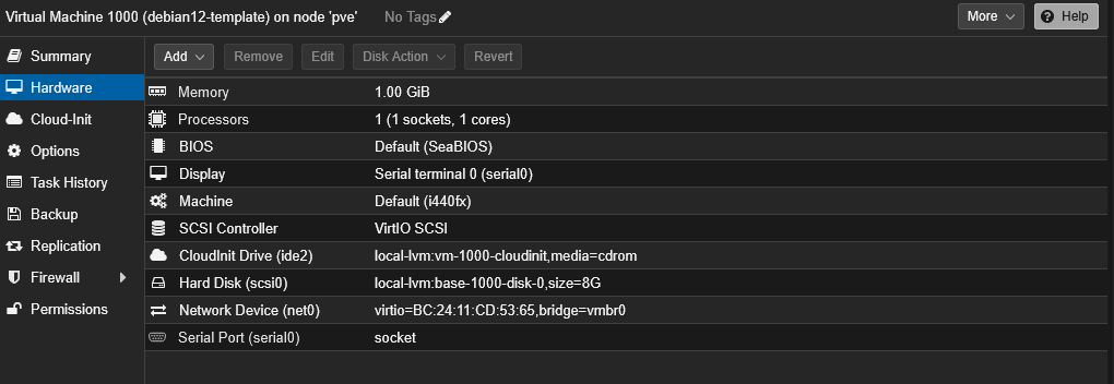 Debian template configuration VM template 1000